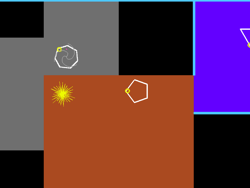 a white pentagon and septagon, on a 2d background composed of pathways, a square field, and a room