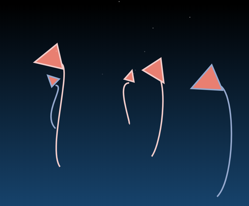 "plants" consisting of curvy line stalks with triangle flowers are set against a dark blue gradient with white pinpoint stars